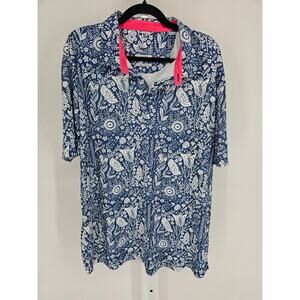 Swannies Mens Sz XXL Short Sleeve Polo Shirt Blue White Floral Print Golf